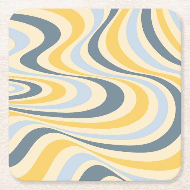 Yellow and blue abstract swirl design square paper coaster (Front)