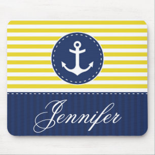 Yellow and Blue Anchor Design Customisable Name Mouse Mat