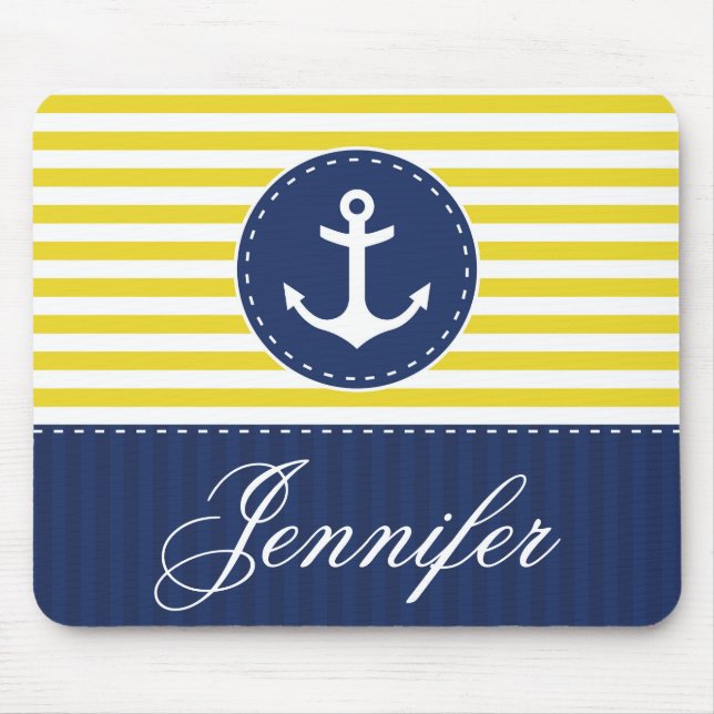 Yellow and Blue Anchor Design Customisable Name Mouse Mat (Front)