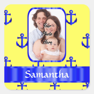 Yellow and blue anchor pattern square sticker