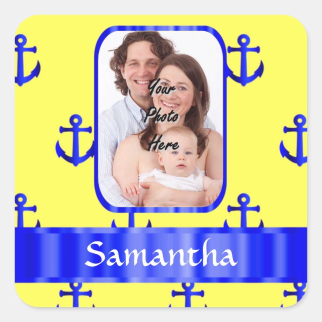 Yellow and blue anchor pattern square sticker (Front)