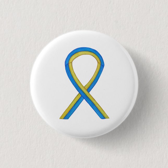 Yellow and Blue Awareness Ribbon Custom Pin Button (Front)