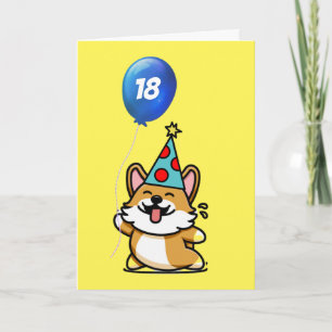 Yellow and Blue Balloon Corgi Birthday Card