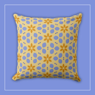 Yellow and Blue Botanical Flowers on Girly Floral Cushion