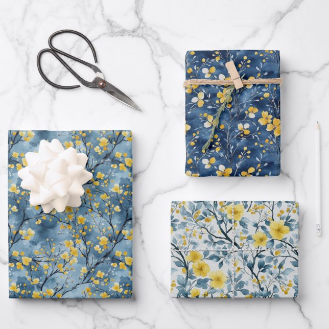 Yellow and Blue Branches and Blossoms Wrapping Paper Sheet (Front)