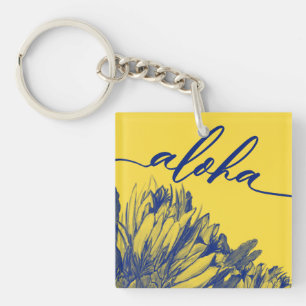 Yellow and Blue Cereus Aloha Square Keychain Mini