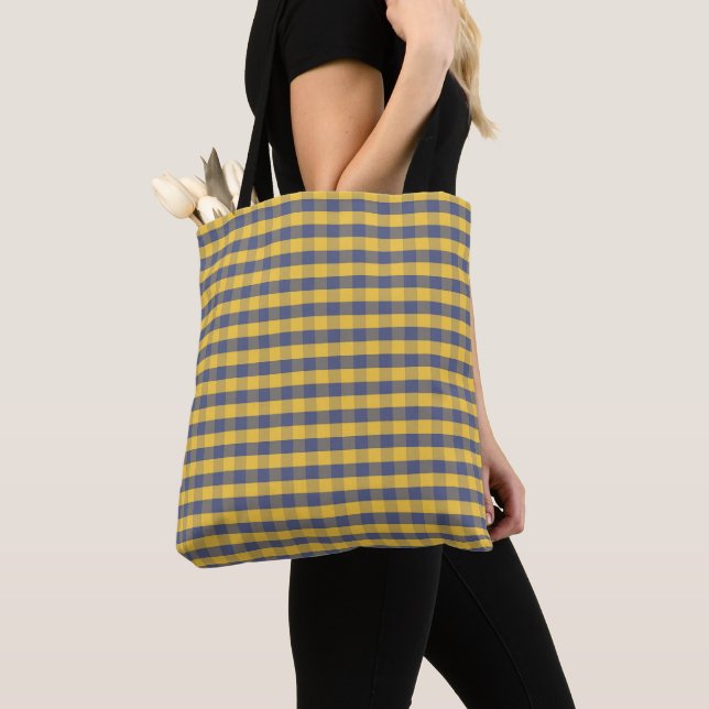 Yellow and blue chequered pattern design tote bag (Close Up)