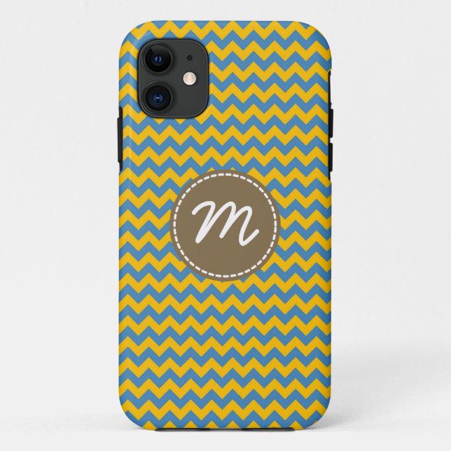 Yellow and Blue Chevron Pattern Custom Monogram Case-Mate iPhone Case (Back)