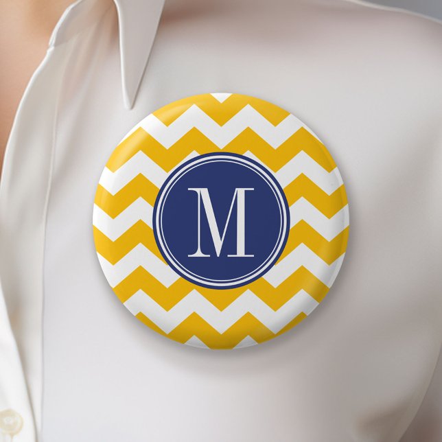 Yellow and Blue Chevron Pattern with Monogram 6 Cm Round Badge (Custom Button)