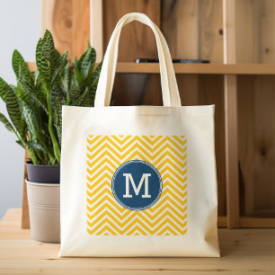 Yellow and Blue Chevron Pattern with Monogram Tote Bag