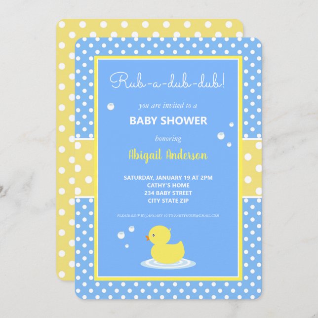 Yellow and Blue Duck Polka Dots Baby Shower Invita Invitation (Front/Back)