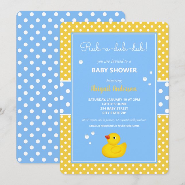 Yellow and Blue Duck Polka Dots Baby Shower Invita Invitation (Front/Back)