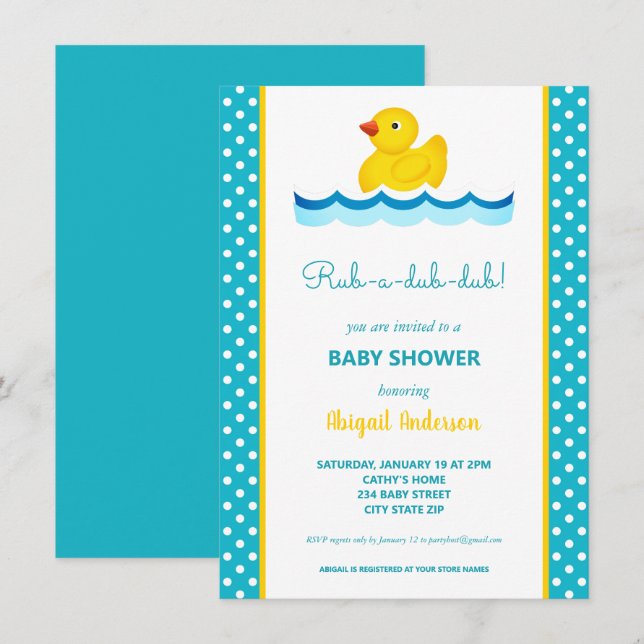 Yellow and Blue Duck Polka Dots Baby Shower Invita Invitation (Front/Back)