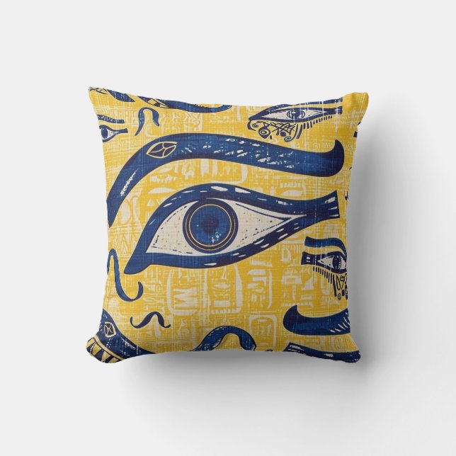 Yellow and Blue Egyptian Pattern - Eye of Horus Cushion (Front)