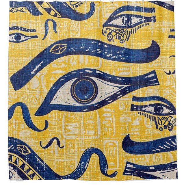 Yellow and Blue Egyptian Pattern - Eye of Horus Shower Curtain (Front)
