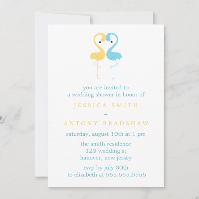 Yellow and Blue Flamingos Couples Wedding Shower Invitation (Front)