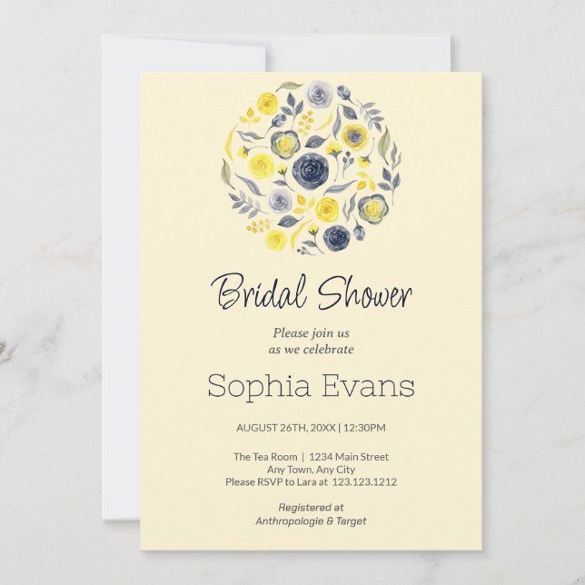 Yellow and Blue Floral Bouquet Bridal Shower Invitation (Front)