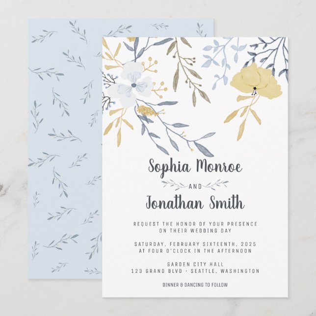 Yellow and Blue Floral Branches Wedding Invitation (Front/Back)