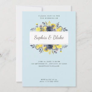 Yellow and Blue Floral Frame Light Blue Wedding Invitation