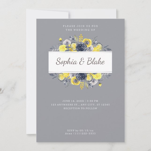 Yellow and Blue Floral Frame Light Grey Wedding Invitation (Front)