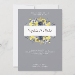 Yellow and Blue Floral Frame Light Grey Wedding Invitation