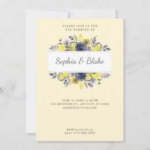 Yellow and Blue Floral Frame Yellow Wedding Invitation
