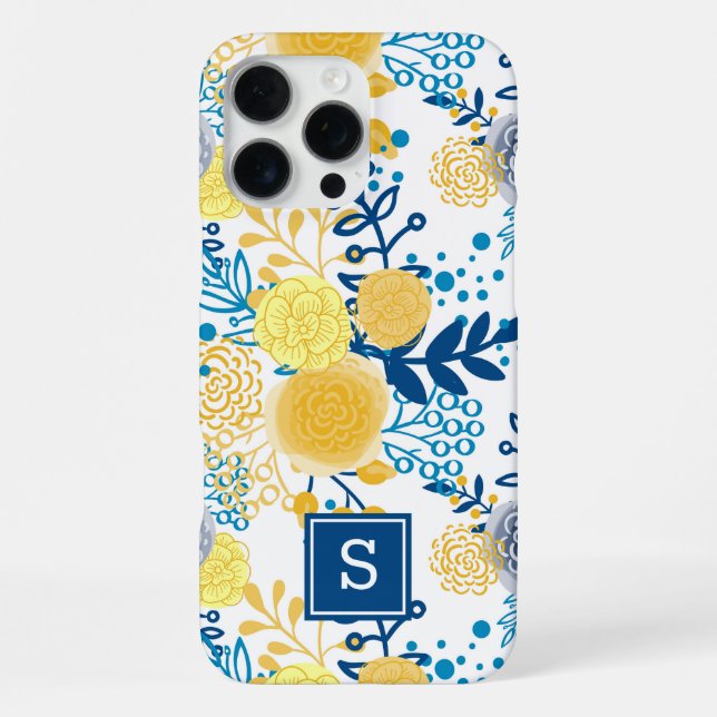 Yellow and Blue Floral Monogram Initial iPhone Case (Back)