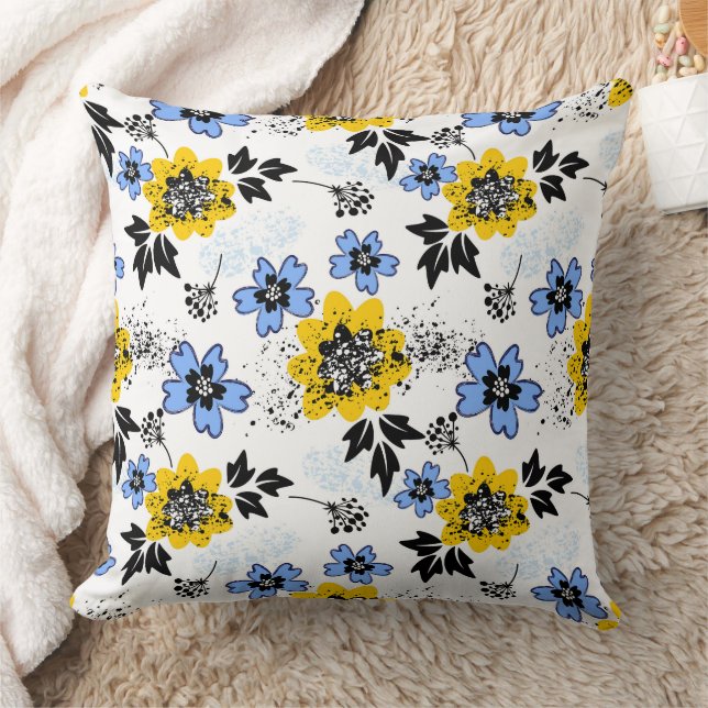 Yellow and Blue Floral Throw Pillow, Accent Cushion (Blanket)