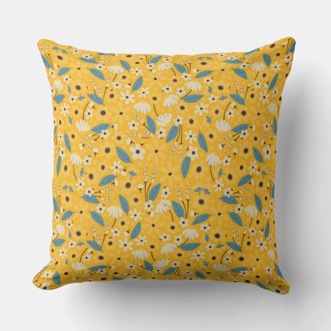 Yellow and Blue Floral throw pillow, Floral Accent Cushion (Front)