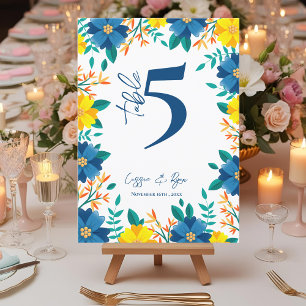 Yellow And Blue Floral Wedding Party Table Number