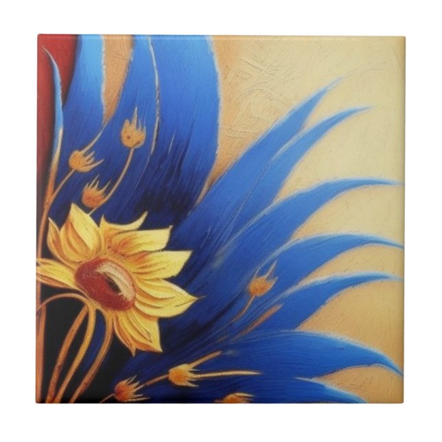Yellow and blue flower Ceramic Tile (Front)