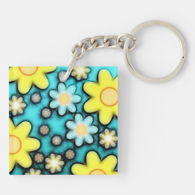 Yellow and Blue Flower Power Art Key Ring (Back)