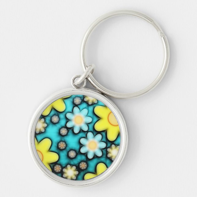 Yellow and Blue Flower Power Art Key Ring (Front)