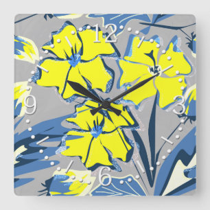 Yellow and blue flowers with sparkles. large clock