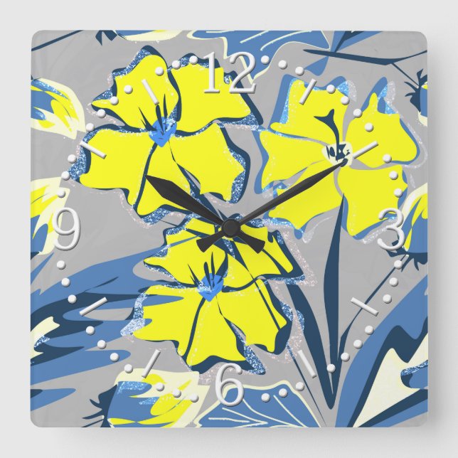 Yellow and blue flowers with sparkles. large clock (Front)