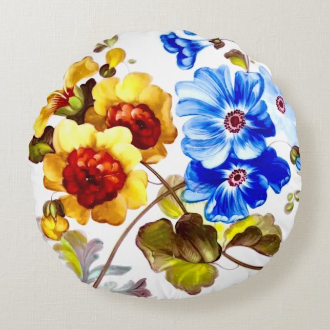 Yellow and Blue Garden Flowers Round Pillow (Front)
