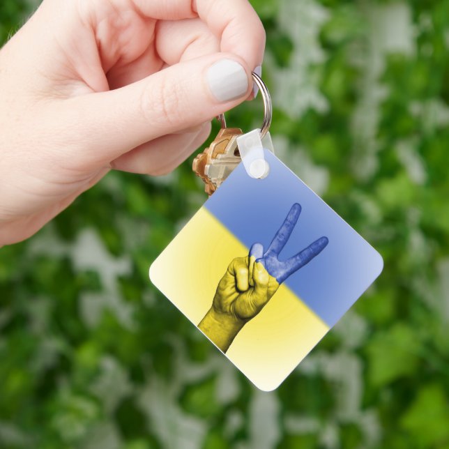 Yellow And Blue Hand Peace Sign   Key Ring (Hand)