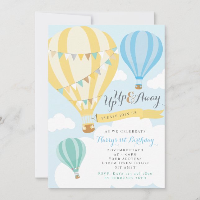 Yellow and Blue Hot Air Balloon Birthday Invitatio Invitation (Front)