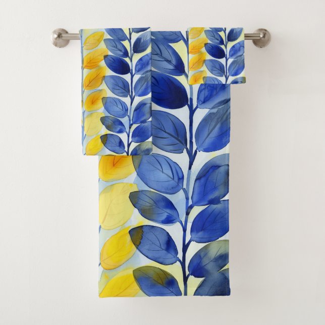 Yellow and Blue Leaves Bath Towel Set (Insitu)