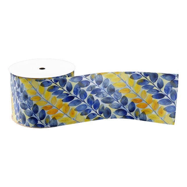 Yellow and Blue Leaves Grosgrain Ribbon (Spool)