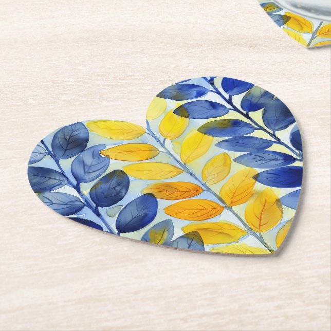 Yellow and Blue Leaves Paper Coaster (Angled)