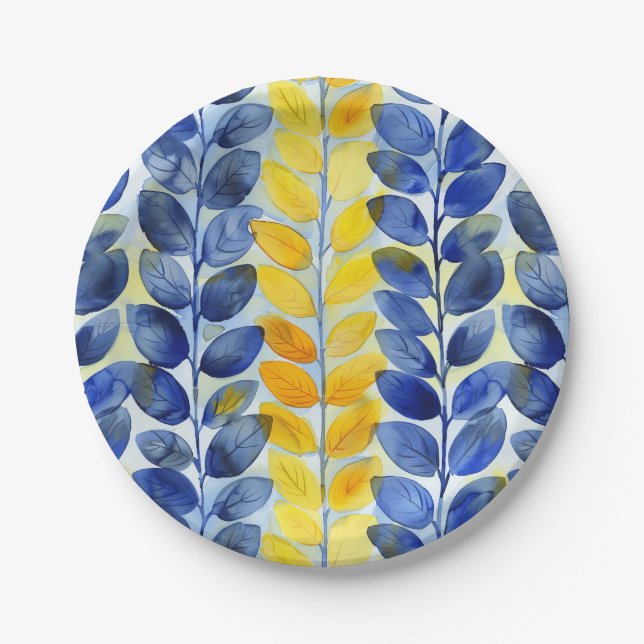 Yellow and Blue Leaves Paper Plate (Front)