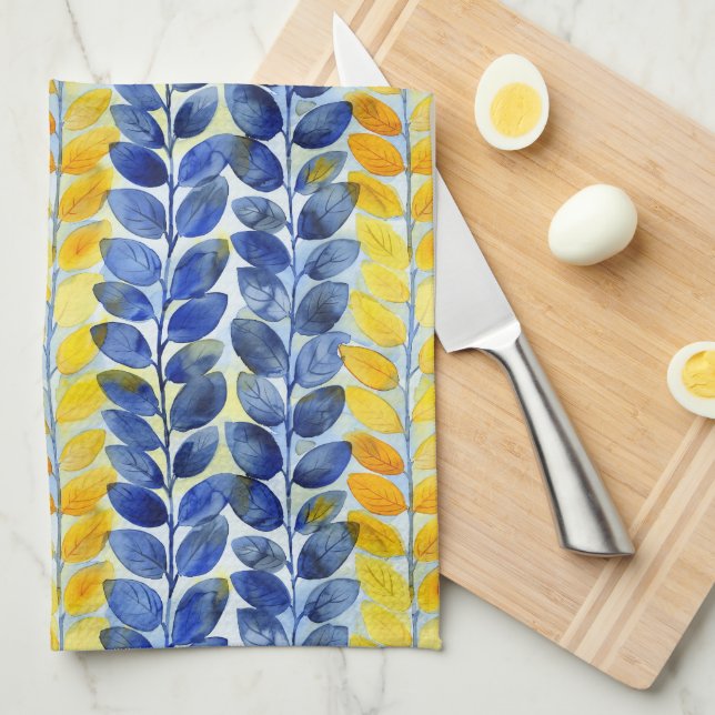 Yellow and Blue Leaves Tea Towel (Quarter Fold)
