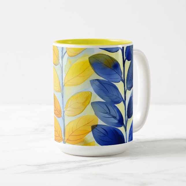 Yellow and Blue Leaves Two-Tone Coffee Mug (Front Right)