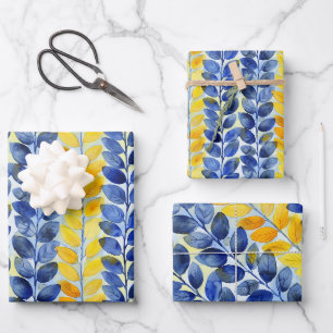 Yellow and Blue Leaves Wrapping Paper Sheet