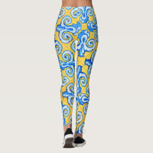 Yellow and Blue Mediterranean Patterned Tiles Leggings