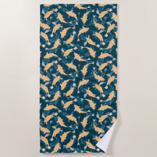 Yellow and Blue Pattern - Koi Fish Beach Towel