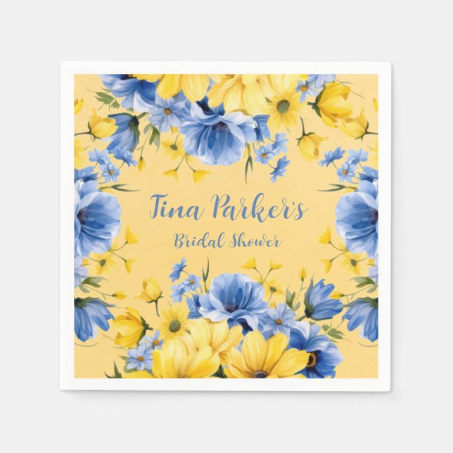 Yellow and Blue Peony Floral Bridal Shower Napkin (Front)