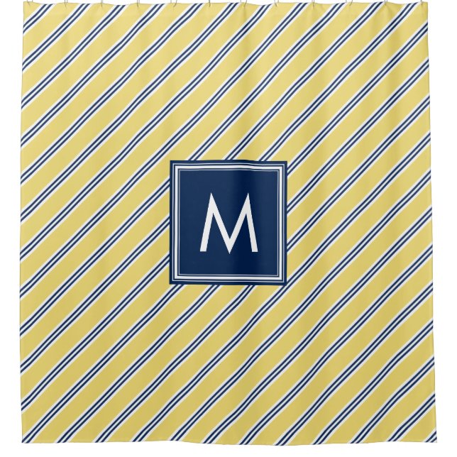 Yellow and Blue Preppy Stripes Shower Curtain (Front)