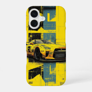 Yellow and Blue Retro Grunge Racing Car Art iPhone 16 Case